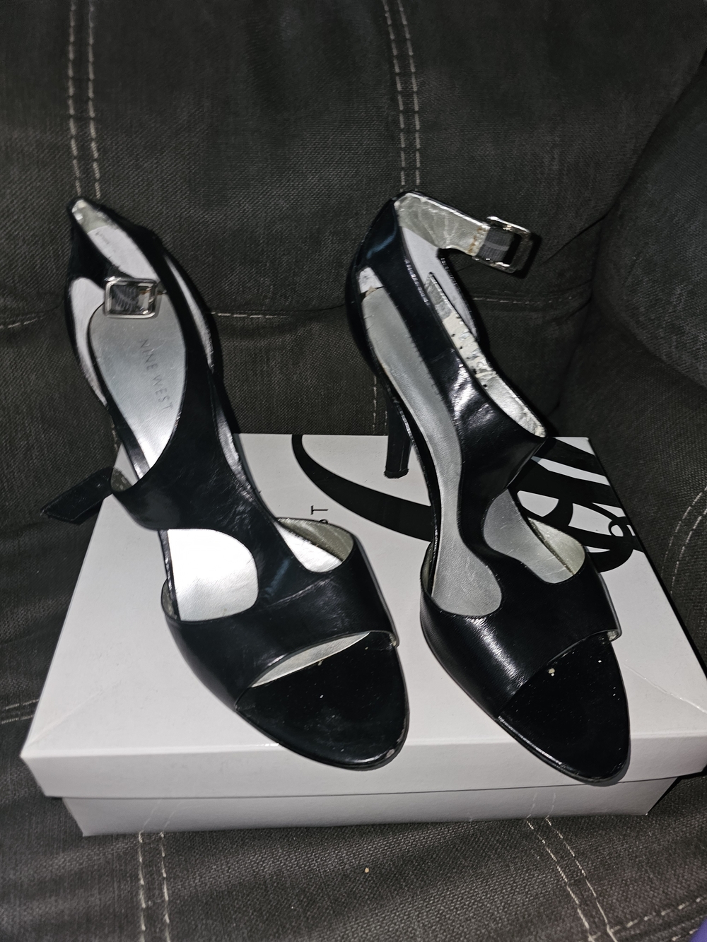 Nine West Black Patent Open-Toe Ankle-Strap Heels